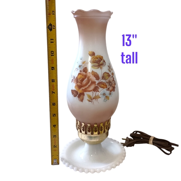 Milk Glass Hurricane Lamp Boudoir Bedside Table Light Floral Hobnail Edge Vtg. - Picture 14 of 16